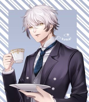 1boy absurdres black_hair black_jacket blue_necktie collared_shirt commentary cup gradient_hair grey_vest hair_between_eyes highres holding holding_cup holding_saucer jacket looking_at_viewer male_focus multicolored_hair necktie original sakura_(0tjagjmgptjm) saucer shirt signature solo teacup teeth upper_teeth_only vest white_hair white_shirt yellow_eyes