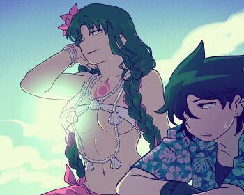 2girls absurdres bead_necklace beads bikini braid breasts chest_tattoo ear_piercing earrings facial_mark fate/grand_order fate_(series) film_grain forehead_mark hand_in_own_hair highres jewelry large_breasts low_twin_braids micro_bikini multiple_girls navel necklace okinobus original piercing reverse_trap sessyoin_kiara sessyoin_kiara_(swimsuit_mooncancer)_(first_ascension) stud_earrings sweatdrop swimsuit tattoo twin_braids