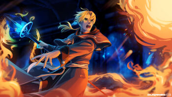 1boy ahoge brown_hair casting_spell cloak dungeon durango-dg fire highres mage_staff male_focus mushoku_tensei open_mouth ponytail rudeus_greyrat screaming solo solo_focus staff