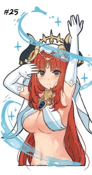 Rule 34 | 1girl, alternate breast size (larger), aqua eyes, arm up, black horns, breasts, brooch, closed mouth, commentary, cropped torso, elbow gloves, fake horns, genshin impact, gloves, hand up, highres, horns, jewelry, large breasts, long hair, looking at viewer, navel, nilou (genshin impact), red hair, simple background, solo, stomach, underboob, valenthania, veil, water, white background, white gloves, white veil
