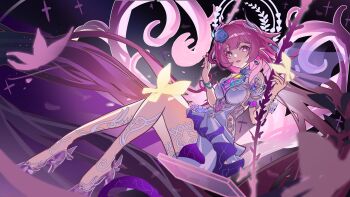 1girl absurdres armlet bare_shoulders breasts bug butterfly commentary cyrene_(honkai:_star_rail) cyrene_(ripples_of_past_reverie)_(honkai:_star_rail) diamond-shaped_pupils diamond_(shape) dress flower hair_flower hair_ornament high_heels highres honkai:_star_rail honkai_(series) huanyin insect jewelry long_hair looking_at_viewer medium_breasts on_swing open_mouth pink_butterfly pink_hair pointy_ears purple_eyes purple_flower purple_rose purple_shoes rose shoes sidelocks smile solo swing symbol-shaped_pupils very_long_hair white_dress yellow_butterfly