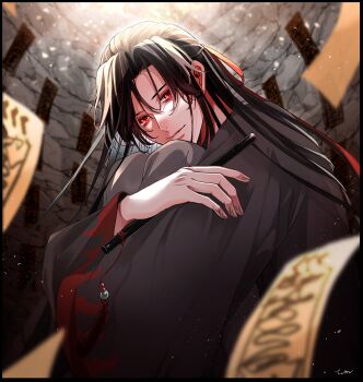 Rule 34 | 1boy, absurdres, artist name, black border, black hair, black hanfu, black robe, blurry, blurry foreground, border, cave, chinese clothes, depth of field, flute, flute tassel, hair down, hair ribbon, half updo, hanfu, highres, holding, holding flute, holding instrument, instrument, knees up, light particles, long hair, long sleeves, looking at viewer, male focus, modao zushi, official alternate hairstyle, ofuda, outside border, red eyes, red ribbon, ribbon, robe, sitting, solo, talisman, tassel, tem0822 bl, upper body, wei wuxian, wei wuxian (yiling laozu), wide sleeves