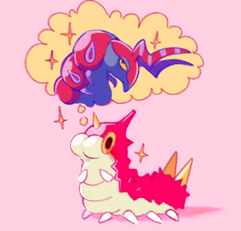 Rule 34 | animal focus, antennae, bug, colored sclera, gen 3 pokemon, gen 5 pokemon, highres, horns, luzzychuus, nintendo, no humans, pink background, pokemon, pokemon (creature), pokemon focus, scolipede, simple background, single horn, speech bubble, thought bubble, wurmple, yellow eyes, yellow sclera