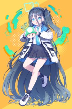 1-up_mushroom 1girl absurdly_long_hair absurdres aris_(blue_archive) black_hair black_hairband black_skirt black_socks blue_archive blue_eyes blue_halo blue_necktie blush collared_shirt crossover full_body hairband halo highres jacket kaoling long_hair long_sleeves mario_(series) necktie nintendo one_side_up open_clothes open_jacket open_mouth pleated_skirt shirt shoes skirt smile socks solo very_long_hair white_jacket white_shirt white_shoes