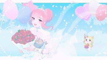 +_+ 1girl absurdres ahoge animal armor balloon blue_gem blue_sky blush_stickers border bouquet bow bowtie breastplate brown_eyes cat chest_jewel cloak clothed_animal clothing_cutout collar collarbone commentary cowboy_shot day detached_collar dot_nose dress ear_covers english_commentary eyelashes fingernails floating_clothes floating_hair flower frilled_arm_warmers gem gift hair_bun hat hat_ornament heart_balloon highres holding holding_bouquet holding_gift hood hood_up hooded_cloak infinity_nikki lace_collar letterboxed light_blush light_particles medium_dress melody_bloom_(infinity_nikki) mini_party_hat momo_(nikki) nikki_(nikki) nikki_(series) open_mouth outdoors outside_border petals pink_hair pleated_dress purple_hat red_bow red_bowtie red_flower red_rose rinsmeray rose see-through_clothes see-through_sleeves shadow short_hair_with_long_locks short_sleeves shoulder_cutout sidelocks single_hair_bun sky smile sparkle sparkling_eyes star_(symbol) star_balloon star_hat_ornament striped_clothes striped_headwear teeth tiara traditional_bowtie updo upper_teeth_only walking wavy_hair whiskers white_arm_warmers white_border white_cat white_collar white_dress wind yellow_cloak