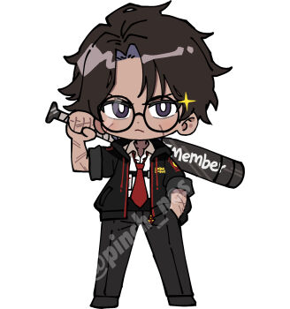 1boy baseball_bat black_jacket brown_hair cloak closed_mouth collared_shirt full_body glasses hand_in_pocket heathcliff_(project_moon) highres holding holding_baseball_bat hood hooded_cloak jacket lce_clothes_(project_moon) limbus_company looking_at_viewer loose_necktie male_focus necktie open_clothes open_jacket parted_bangs pinch_(nesume) project_moon purple_eyes red_necktie scar scar_on_arm scar_on_face shirt simple_background solo standing white_background white_shirt