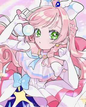Rule 34 | 1girl, :o, \m/, absurdres, amaharu wasure, ascot, blue bow, bow, braid, brooch, center frills, commentary, crown braid, cure prism, dress, dress bow, earrings, elbow gloves, english commentary, frills, glove bow, gloves, green eyes, hair bow, highres, hirogaru sky! precure, holding, jewelry, layered dress, long hair, looking at viewer, magical girl, mixed-language commentary, nijigaoka mashiro, pink hair, pinky out, precure, side braids, sky mirage, sleeveless, sleeveless dress, solo, upper body, very long hair, white ascot, white bow, white dress, white gloves, wing brooch