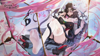 1girl artist_request black_hair black_shoes black_wings breasts character_request commentary copyright_name english_commentary feet hair_over_one_eye high_heels holding holding_by_the_tail holding_pen horns lips long_hair mole mole_under_eye official_art parted_lips pen pink_eyes shoes silver_and_blood solo tail thighhighs torn_clothes torn_thighhighs unworn_shoes white_horns white_thighhighs wings