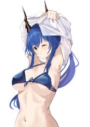Rule 34 | 1girl, arknights, armpits, arms up, bare shoulders, bikini, blue bikini, blue hair, breasts, ch&#039;en (arknights), dragon horns, highres, horns, large breasts, lily0428, long hair, looking at viewer, navel, orange eyes, sidelocks, simple background, solo, stomach, swimsuit, upper body, very long hair, white background