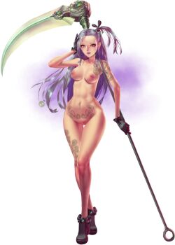 1girl anabelle_(crystal_maidens) artist_request bare_legs black_gloves breasts crystal_maiden_(series) flower_tattoo forehead full_body game_cg gloves grey_hair hand_on_own_head holding holding_scythe leg_tattoo long_hair nipple_piercing nipples nude official_art piercing pink_eyes purple_lips pussy scythe side_ponytail skull solo tattoo transparent_background variant_set weapon