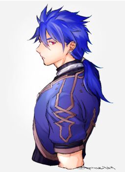 1boy closed_mouth cropped_torso cu_chulainn_(fate) cu_chulainn_(fate/prototype) earrings expressionless fate/prototype fate_(series) hair_between_eyes jewelry male_focus ponytail red_eyes short_sleeves signature simple_background solo white_background yukota_2631