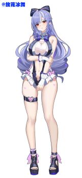 1girl absurdres animal_print arm_under_breasts bare_shoulders black_bow black_nails bow bowtie breasts butterfly_print clothing_cutout commentary_request drill_hair drill_sidelocks footwear_ribbon frilled_one-piece_swimsuit frilled_wrist_cuffs frills full_body gem guhuabingwu hair_bow head_tilt heart_cutout highres holding_own_arm large_breasts long_hair mole mole_under_eye nail_polish navel official_alternate_costume one-piece_swimsuit open-toe_shoes parted_lips pink_bow pointy_ears purple_bow purple_bowtie purple_gemstone purple_hair purple_nails red_eyes see-through_clothes sidelocks simple_background solo stomach_cutout swimsuit thigh_strap toenail_polish toenails twitter_username two-tone_one-piece_swimsuit vivian_banshee vivian_banshee_(iris_of_the_shore) white_background white_one-piece_swimsuit wrist_cuffs zenless_zone_zero