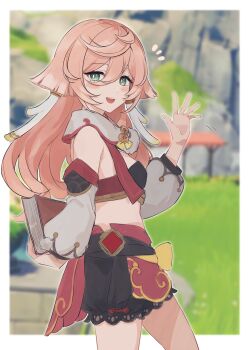 1girl antlers bare_shoulders blush_stickers detached_sleeves full_body genshin_impact green_eyes hair_between_eyes hand_up hat highres horns long_hair long_sleeves looking_at_viewer shorts smile sushi_171 waving yanfei_(genshin_impact)