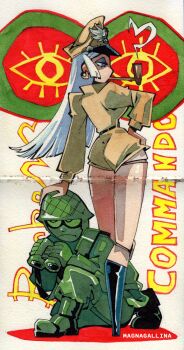 1boy 1girl artist_name binoculars black_boots blue_eyes blue_eyeshadow boots combat_boots combat_helmet crease doll_joints earrings english_text eyeshadow frown hand_on_another's_head hand_on_own_hip hat helmet highres holding holding_binoculars jacket jewelry joints legs long_legs looking_afar m1_helmet magnagallina makeup military military_combat_uniform military_jacket military_uniform narrow_waist on_one_knee original painting_(medium) peaked_cap scan serious short_shorts shorts smoking smoking_pipe smoking_pipe_in_mouth soldier traditional_media united_states_army watercolor_(medium)