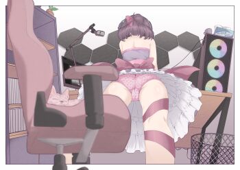 1girl animal ass black_hair bookshelf bow cat chair commentary computer computer_tower crotch_seam desk dress dress_bow fallenshadow from_behind gaming_chair hair_bow hairless_cat half_updo highres indie_virtual_youtuber indoors leaning_forward medium_hair panties pet pettan_(zeez4743) petticoat pink_bow pink_panties ponytail print_panties purple_dress short_ponytail sleeping_animal sleeveless sleeveless_dress solo standing swivel_chair trash_can underwear upskirt virtual_youtuber