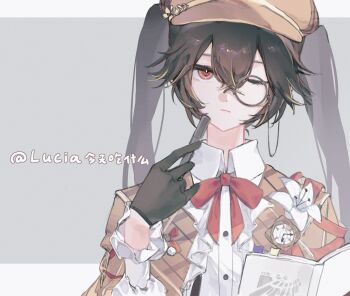 1girl artist_name black_gloves black_hair book bow bowtie buttons chinese_commentary collared_shirt commentary_request compass crossed_bangs flower frilled_shirt frilled_sleeves frills frown gloves hair_between_eyes hand_up hat head_tilt highres holding holding_book holding_pen jacket lily_(flower) long_hair long_sleeves looking_at_viewer lucia:_pyroath_(pgr) lucia_(pgr) monocle multicolored_hair official_alternate_costume one_eye_closed pen plaid_clothes plaid_jacket portrait punishing:_gray_raven red_bow red_bowtie shirt solo streaked_hair thinking twintails white_shirt yellow_hat yellow_jacket zhungaerpendi36835