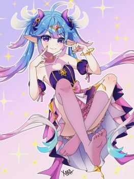 1girl absurdres asymmetrical_legwear bare_shoulders blue_hair closed_mouth colored_tips commentary crossed_legs dress english_commentary from_side hanakyo highres horns indie_virtual_youtuber long_hair multicolored_hair no_shoes pink_hair pink_horns pink_socks pink_thighhighs pointing pointing_at_self pointy_ears purple_dress purple_eyes signature single_sock single_thighhigh smile socks solo thighhighs two-tone_hair uneven_legwear very_long_hair virtual_youtuber xarakura_xara