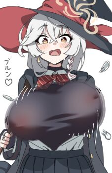 Rule 34 | 1girl, black hat, black shirt, black skirt, blue archive, blush, bow, bowtie, braid, breasts, covered erect nipples, eri (blue archive), flying button, hair between eyes, halo, hat, highres, large breasts, long hair, oinari (koheihei1109), open mouth, popped button, red bow, red bowtie, shirt, side braid, simple background, skirt, solo, upper body, white background, white hair, witch hat, yellow eyes, yellow halo