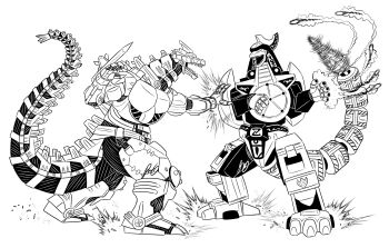 claws crest crossover cyborg dinosaur dragon dragon_caesar dragonzord drill drill_tail finger_missile giant giant_monster giant_robot godzilla_(series) godzilla_against_mechagodzilla horns kaiju kiryu_(godzilla) kyouryuu_sentai_zyuranger lineart mecha mechagodzilla mighty_morphin_power_rangers missile monochrome monster no_humans open_mouth power_rangers precision-guided_munition pyrasterran roaring robot saban_entertainment sharp_teeth shield simple_background spiked_tail spikes super_sentai tail teeth toei_company toho very_long_tail white_background wrist_blades