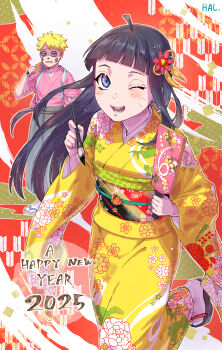 1boy 1girl 2025 black_hair black_hakama blonde_hair blue_eyes blunt_bangs boruto:_two_blue_vortex brother_and_sister calligraphy_brush commentary_request facepaint facial_mark floral_print flower frown hagoita hair_flower hair_ornament hakama hal_(sakurajam) hanetsuki happy_new_year highres holding holding_calligraphy_brush holding_paddle holding_paintbrush japanese_clothes kimono naruto_(series) new_year obi one_eye_closed open_mouth paddle paintbrush sandals sash siblings signature smile socks sweatdrop uzumaki_boruto uzumaki_himawari whisker_markings white_socks yellow_kimono