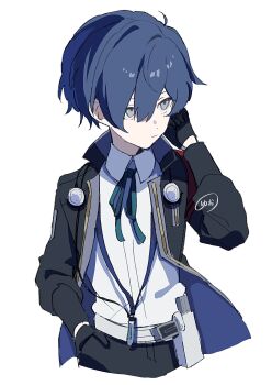 1boy arm_up black_gloves black_pants blue_hair closed_mouth collared_shirt cropped_legs frown gloves grey_eyes hair_between_eyes hand_in_pocket highres jacket long_sleeves looking_to_the_side male_focus neck_ribbon nodoka906 open_clothes open_jacket pants parted_bangs persona persona_3 ribbon shirt shirt_tucked_in sideways_glance simple_background solo suit_jacket white_background white_shirt wing_collar yuuki_makoto_(persona_3)