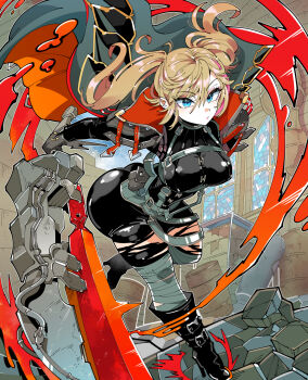 1girl ass bandaged_leg bandages barrel blue_eyes breasts brown_hair closed_mouth coat code_vein crack debris female_focus gloves grey_gloves holding holding_sword holding_weapon jacket jacket_on_shoulders kafun long_hair pink_lips pouch rubble solo stained_glass sword tight_clothes torn_clothes twintails weapon window