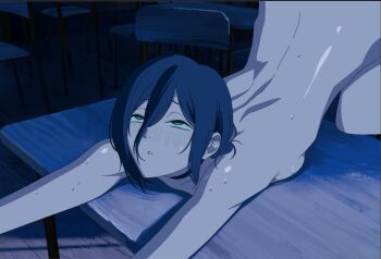 1girl bent_over black_choker blue_hair breasts chainsaw_man chair choker classroom commentary completely_nude desk english_commentary green_eyes implied_cunnilingus implied_sex maplestar medium_breasts nude reze_(chainsaw_man) rolling_eyes sweat
