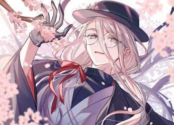 1boy black_gloves cherry_blossoms commentary_request cow_(shadow) fate/grand_order fate_(series) fedora glasses gloves grey_eyes grey_hair hanasaka_no_okina_(fate) hat highres long_hair male_focus mole mole_under_eye round_eyewear