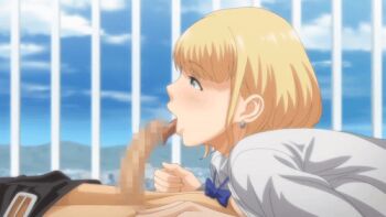 Rule 34 | 1boy, 1girl, 2022, 20s, animated, animated gif, blonde hair, blue bow, blue bowtie, blue eyes, bow, bowtie, earrings, fellatio, fujimaki tatsuya, hajimete no hitozuma, hetero, jewelry, kawai satomi, licking, licking penis, licking penis tip, oral, penis, school roof, school uniform, sky, tongue, tongue out
