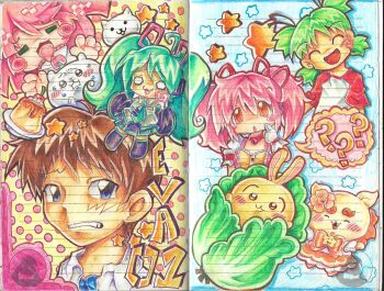 1boy 4girls ? blue_background blush cat_(nyanko_daisensou) chiikawa chiikawa_(character) food hachune_miku haruka_nana hatsune_miku ikari_shinji kaname_madoka kaname_madoka_(magical_girl) koiwai_yotsuba lennardo_(grim_the_end) lettuce magical_girl mahou_shoujo_madoka_magica mahou_shoujo_madoka_magica_(anime) multiple_girls neon_genesis_evangelion nervous_sweating non-web_source polka_dot polka_dot_background pudding shisa_(chiikawa) spoken_question_mark star_(symbol) sweat traditional_media utau vocaloid yellow_background yotsubato!