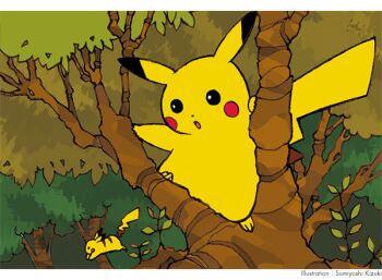 :o artist_name dot_nose gen_1_pokemon in_tree kizuki_sumiyoshi leaf nintendo no_humans official_art open_mouth pikachu pokemon pokemon_(creature) pokemon_focus pokemon_tcg second-party_source solo_focus stitched third-party_edit tree