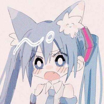 1girl ^v^ animal_ear_fluff animal_ears aqua_eyes aqua_hair aqua_necktie bare_shoulders black_sleeves blue_eyes blue_hair blush commentary detached_sleeves fang film_grain hair_ornament hatsune_miku long_hair necktie open_mouth shirt sleeveless sleeveless_shirt symbol-only_commentary tearing_up twintails upper_body uyu075 vocaloid