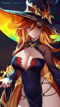 1girl alternate_costume black_dress black_hat black_thighhighs breasts cleavage crescent_moon dress fire genshin_impact hat high_heels highres large_breasts long_hair long_sleeves looking_at_another mavuika_(genshin_impact) moon nail_polish orange_eyes orange_hair pelvic_curtain pyrokinesis red_hair red_nails smile solo standing star_(symbol) thighhighs tomatolaccoon very_long_hair witch_hat