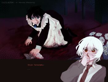 Rule 34 | 2boys, absurdres, akinashi haru, all fours, alternate costume, apron, artist name, black dress, black hair, blood, blood on clothes, blood on face, blood on ground, blue eyes, blue ribbon, blush, brown cardigan, cardigan, character name, cleaning, collared shirt, commentary, contrast collar, covering own mouth, crossdressing, diagonal-striped clothes, diagonal-striped necktie, dress, english commentary, english text, enmaided, flower, frilled apron, frills, hair between eyes, highres, indoors, long sleeves, looking at viewer, maid, maid apron, male focus, medium hair, multiple boys, neck ribbon, necktie, nosebleed, on floor, open cardigan, open clothes, parted lips, red eyes, red necktie, ribbon, saihate eki, shirt, short hair, sidelocks, striped clothes, tatsunami shion, tosteurmori, white apron, white hair, white shirt, wide-eyed