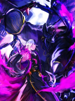 1boy arm_at_side aura black_coat black_hair black_jacket coat curtained_hair dark_aura dragalia_lost feet_out_of_frame glasses hair_over_one_eye hand_up headphones heinwald_(dragalia_lost) highres jacket long_hair looking_at_viewer low_ponytail male_focus monster multicolored_hair night nyarlathotep_(dragalia_lost) oh01861884 open_clothes open_jacket pince-nez pocket_watch ponytail red_eyes shirt smile solo standing stitched_face stitches summoning two-tone_hair watch white_hair white_shirt
