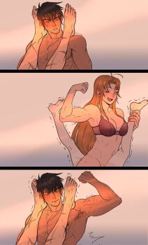 2boys 2girls 3koma american_psycho american_psycho_sex_scene_(meme) arm_hair armpit_hair armpits biceps black_bra bra breasts brown_hair chest_hair cleavage comic completely_nude facial_hair feet female_pubic_hair flexing highres holding_another's_leg jewelry long_hair meme meryl_stryfe milly_thompson missionary multiple_boys multiple_girls multiple_scars muscular muscular_female navel necklace nicholas_d._wolfwood nude out_of_frame parody pubic_hair rosary scar scar_on_leg sex smile stomach stubble sweat toes trembling tribadism trigun underwear vash_the_stampede y_nina95 yaoi yuri