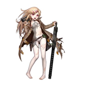Rule 34 | 1girl, ammunition box, as109, belt, blush, breasts, brown belt, brown coat, brown footwear, browning m1919, cleavage cutout, clothing cutout, coat, covered erect nipples, damaged, defeat, dress, feet, female focus, full body, girls' frontline, green bag, grey dress, gun, hair ornament, hairclip, holding, holding gun, holding weapon, holster, long hair, long sleeves, looking at viewer, lossy-lossless, m1919a4 (girls' frontline), machine gun, medium breasts, medium machine gun, military coat, navel, no shoes, official art, open mouth, panties, panties under pantyhose, pantyhose, pouch, red eyes, short dress, simple background, sleeveless, sleeveless dress, solo, tears, teeth, toenails, toes, torn clothes, torn pantyhose, transparent background, underwear, upper teeth only, very long hair, weapon, white pantyhose