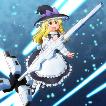 Rule 34 | 1girl, apron, black hat, black shoes, black skirt, blonde hair, bow, braid, commentary request, frilled skirt, frills, full body, hair bow, hat, hat bow, kirisame marisa, mary janes, matty (zuwzi), open mouth, purple bow, science fiction, shoes, side braid, single braid, skirt, smile, socks, solo, touhou, waist apron, white apron, white socks, witch hat, yellow eyes