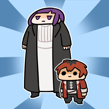 Rule 34 | 1boy, 1girl, black robe, blunt bangs, chibi, fern (sousou no frieren), height difference, highres, keenbiscuit, partially shaded face, purple eyes, purple hair, red hair, robe, smile, sousou no frieren, stark (sousou no frieren), tall female