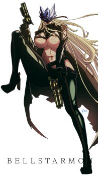 1girl annimeone7 artist_name beelstarmon black_gloves blonde_hair breasts character_name cropped_jacket digimon digimon_(creature) female_focus full_body gloves gun high_heels highres holding holding_gun holding_weapon jacket large_breasts leather leather_jacket leather_pants leg_up long_hair looking_at_viewer mask navel pants purple_eyes simple_background stomach third_eye underboob weapon white_background