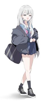 1girl absurdres black_shoes black_socks blue_archive blue_necktie blue_shirt blue_skirt collared_shirt full_body grey_eyes grey_hair grey_halo grey_jacket halo highres jacket konoka_(blue_archive) long_hair long_sleeves looking_at_viewer mask mask_pull mouth_mask necktie open_clothes open_jacket open_mouth pleated_skirt plentyofempty shirt shoes simple_background skirt smile socks solo white_background white_mask