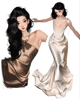 2girls armpits bangle black_eyes black_hair blue_eyes bracelet breasts cleavage clothing_request commentary curtained_hair dress earrings english_commentary full_body highres jewelry lipstick looking_at_viewer luster makeup multiple_girls multiple_necklaces necklace original outstretched_arms parted_lips sam_yang silver_necklace sleeveless sleeveless_dress smile twisted_torso wavy_hair