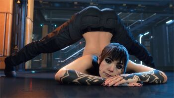 1girl 3d arm_tattoo black_boots black_hair blue_pants boots brown_eyes call_of_duty call_of_duty:_black_ops_7 commentary emma_kagan english_commentary highres indoors jack-o'_challenge looking_at_viewer pants solo tattoo topless_female warehouse word2_doc