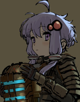 1girl ahoge armor bad_id bad_pixiv_id black_bodysuit bodysuit brown_background closed_mouth cosplay dead_space_(series) expressionless hair_ornament helmet holding holding_unworn_helmet isaac_clarke isaac_clarke_(cosplay) long_hair looking_at_viewer pauldrons purple_eyes purple_hair short_hair_with_long_locks shoulder_armor sidelocks simple_background solo spacesuit sqq unworn_headwear unworn_helmet upper_body vocaloid voiceroid yuzuki_yukari