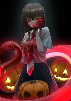 1girl absurdres black_background black_skirt blood brown_hair chikara1101 cowboy_shot grey_background grey_shirt highres kagune_(tokyo_ghoul) long_hair looking_at_viewer minami_uruka_(tokyo_ghoul) necktie pleated_skirt pumpkin red_eyes red_necktie shirt short_sleeves skirt smile solo tokyo_ghoul:_jack white_necktie