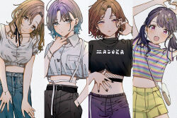 Rule 34 | absurdres, ahoge, arm up, arms up, asakura toru, bag, bangle, belt, belt buckle, black pants, black shirt, blue hair, blush, bracelet, breast pocket, breasts, brown eyes, brown hair, buckle, buttons, character name, choker, cleavage, closed mouth, clothes writing, collarbone, collared shirt, column lineup, commentary request, cowboy shot, crop top, crop top overhang, cross, cross earrings, denim, dot nose, ear piercing, earrings, fangs, feet out of frame, fishnets, fukumaru koito, gradient hair, grey background, grey eyes, grey shirt, hair ornament, hairclip, half-closed eyes, hand in pocket, hand on own stomach, handbag, head tilt, heart, heart hands, highres, higuchi madoka, hoop earrings, ichikawa hinana, idolmaster, idolmaster shiny colors, iwawa, jeans, jewelry, long hair, looking at viewer, midriff, mole, mole under eye, multicolored hair, multicolored nails, multicolored shirt, multiple rings, nail polish, navel, no navel, noctchill (idolmaster), open mouth, pants, parted bangs, parted lips, piercing, pocket, puffy sleeves, purple eyes, purple hair, purple shorts, ribbon choker, ring, shirt, short hair, short sleeves, short twintails, shorts, shoulder bag, skin fangs, smile, twintails, white shirt, yellow shorts