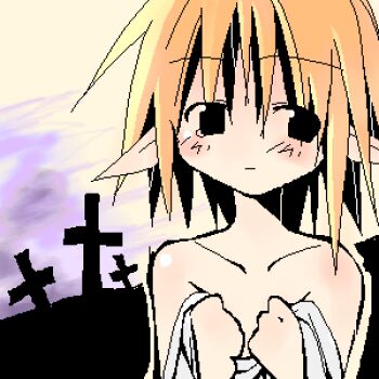 1girl archived_source asami_natsuhito bare_shoulders black_eyes blonde_hair blush collarbone cross expressionless facing_viewer hair_between_eyes holding jaggy_lines latin_cross long_pointy_ears lowres medium_hair no_nose no_sclera original pointy_ears purple_sky shoulder_blush sky solo spiked_hair straight_hair upper_body yellow_sky