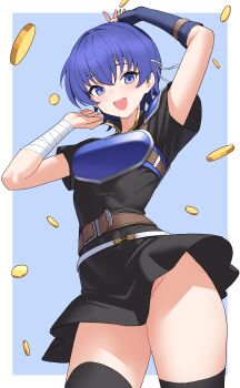 1girl absurdres alternate_costume armor black_skirt blue_eyes blue_hair breastplate commission commissioner_upload dhokidoki farina_(fire_emblem) fire_emblem fire_emblem:_the_blazing_blade gold highres money nintendo no_panties non-web_source skirt solo thighhighs thighs zettai_ryouiki