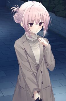 Rule 34 | 1girl, absurdres, blush, breath, brown eyes, clenched hand, coat, commentary, cowboy shot, eyes visible through hair, grey coat, hair between eyes, hair bun, hair intakes, hair ornament, hair stick, hand up, highres, jewelry, kimuratamashi, long sleeves, medium hair, necklace, night, open mouth, outdoors, pink hair, pov, road, sakura no uta, shirt, shirt tug, sidelocks, single hair bun, solo, toritani makoto, turtleneck, turtleneck shirt, white shirt