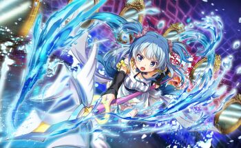 1girl artist_request attack back_bow black_arm_warmers blue_bow blue_bowtie blue_dress blue_eyes blue_hair bow bowtie collared_dress determined dot_nose dress earrings floating_clothes floating_hair frilled_sleeves frills full_body game_cg gold_earrings gradient_clothes gradient_dress hair_ornament hair_scrunchie highres holding holding_polearm holding_weapon hydrokinesis jewelry light_blush long_dress long_hair looking_at_viewer magia_record:_mahou_shoujo_madoka_magica_gaiden magical_girl mahou_shoujo_madoka_magica mahou_shoujo_madoka_magica_magia_exedra minami_rena mirror off-shoulder_dress off_shoulder official_art outline pink_scrunchie polearm scrunchie solo striped_clothes striped_dress tareme thighhighs third-party_source triangle_earrings trident two-tone_dress two_side_up v-shaped_eyebrows vertical-striped_clothes vertical-striped_dress water water_drop weapon white_dress white_outline white_sleeves white_thighhighs witch&#039;s_labyrinth